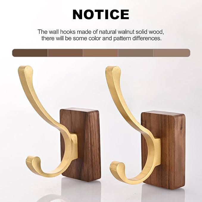 4 Pack Wooden Wall Hooks for Hanging, Adhesive Mounted & Wall Mount Nature Wood Coat Hook for Towel Clothes Blanket Hat Backpack Robe Nursery Door Board Entryway Key Holder Brushed Gold