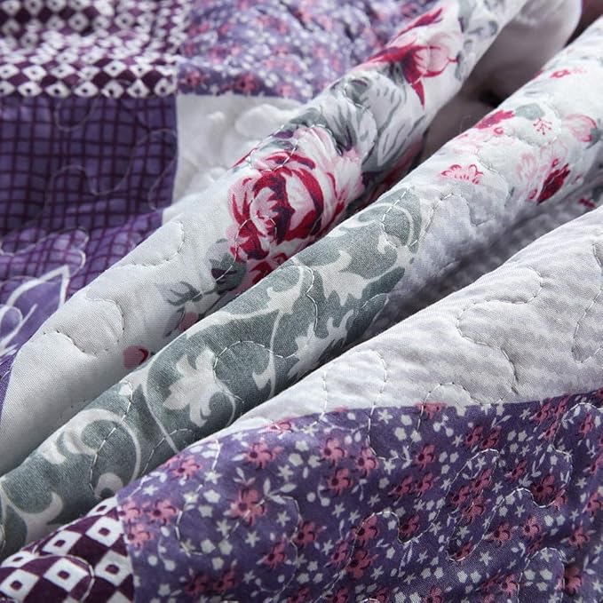 NEWLAKE Quilt Bedspread Sets-Floral Checkered Pattern Reversible Coverlet Set,Queen Size