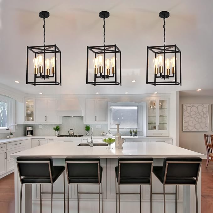 Lantern Pendant Light, 4-Light Gold Chandelier,Modernized Ceiling Hanging Light Fixture for Bedroom Kitchen Island Foyer Living Room Dining Room Hallway
