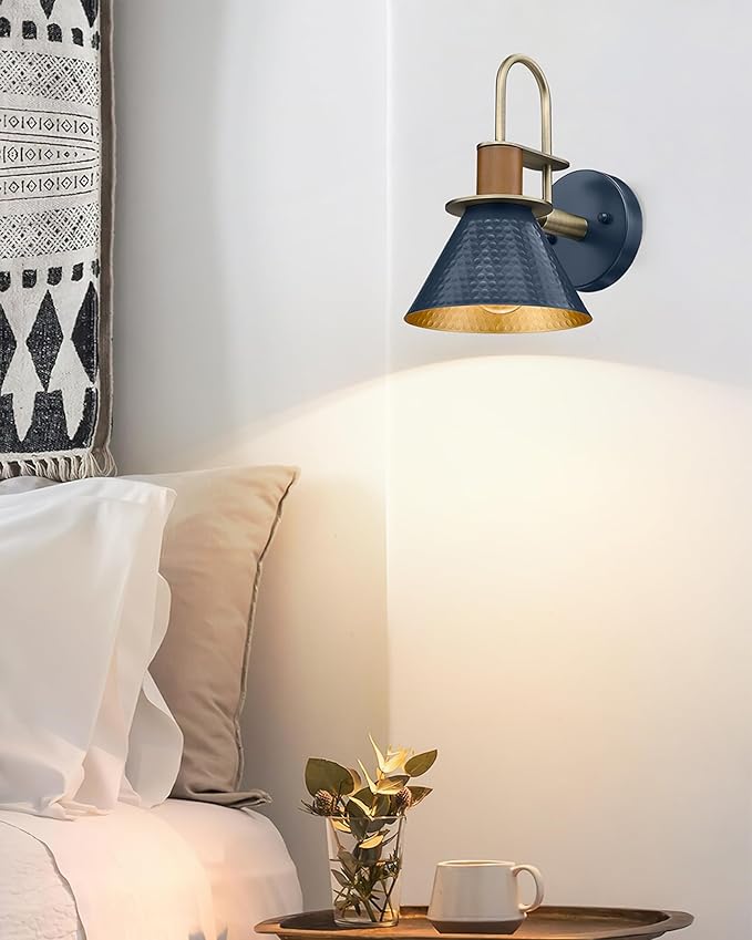 HWH Rustic Wall Sconces, Industrial Sconce Wall Lighting Indoor Wall Lamp, Gooseneck 1-Light Barn Vanity Light for Bathroom Bedroom Bedside, Hammered Metal Shade, Navy Blue Finish, 5HZG74B BL+BG