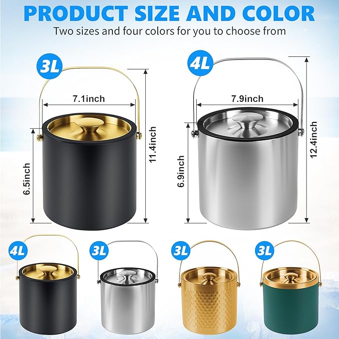 Ice Bucket, Ice Bucket with Silicone Sealing Ring Double-Wall Vacuum Insulation Champagne Buckets with Filter Layer Ice Tongs Ice Scoop (Black, 4 L)