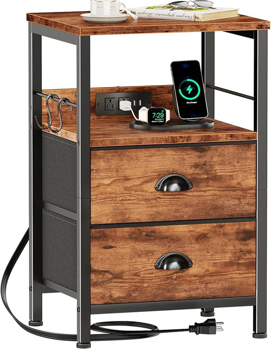 Furologee End Table with Charging Station, Nightstand with Fabric Drawers, Side Table with USB Ports & Outlets, Night Stand with Storage Shelf & Hooks, for Living Room/Bedroom, Rustic Brown
