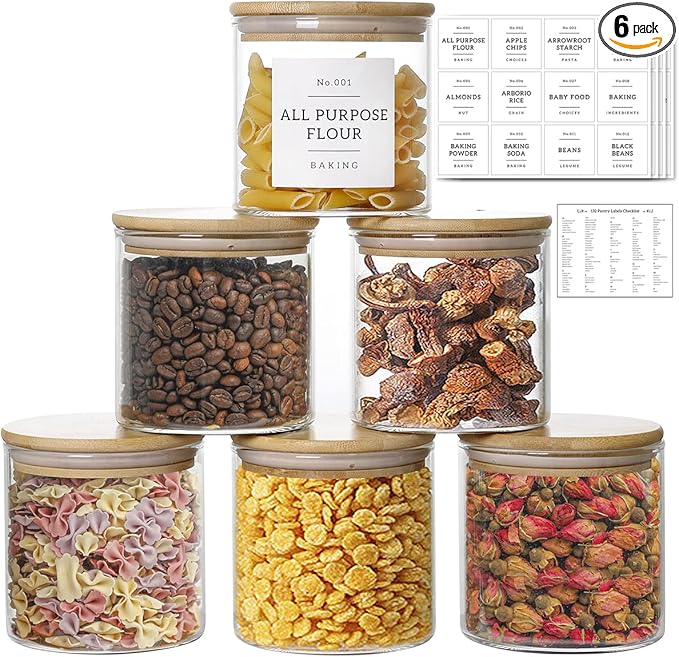 20 OZ Glass Food Storage Jars with 132 Pantry Labels Preprinted - 6 Pcs Thicken Glass Storage Containers with Airtight Bamboo Lid - Clear Kitchen Canister for Spice, Tea, Coffee, Sugar, Cookie, Candy