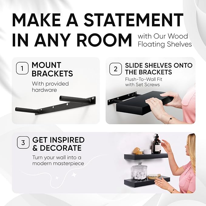 Homeforia Black Floating Shelf 18 inch, High End Solid Real Wood 18inch Bathroom Floating Shelves for Wall Mounted, Black Wooden 18in Floating Shelves, Heavy Duty Bracket, 18 X 6.5 X 1.75 in, Set of 3
