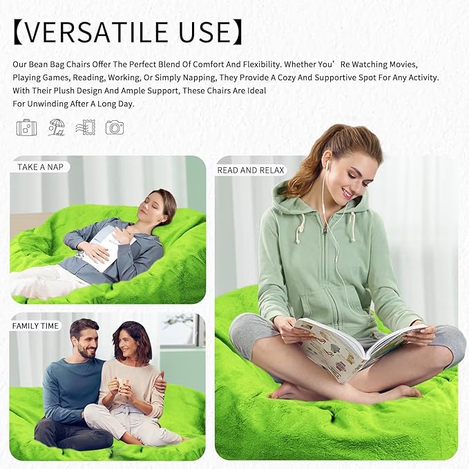 Bean Bag Chair for Adults 8FT,Soft Removable Cover for Teens/Girls Bedroom,Fluffy Giant Round Floor Beanbag Lounger Chairs (No Filler,Green)