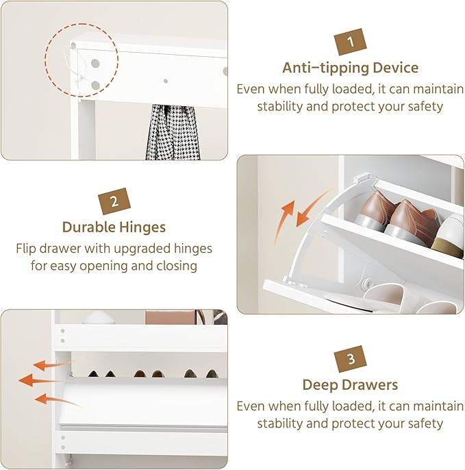 Shoe Cabinet with 3 Flip Drawers, Narrow Shoe Cabinet with 9 Hooks Coat Rack, Freestanding Shoes Storage Cabinets with Adjustable Shelves for Entryway, Hallway, Living Room, White