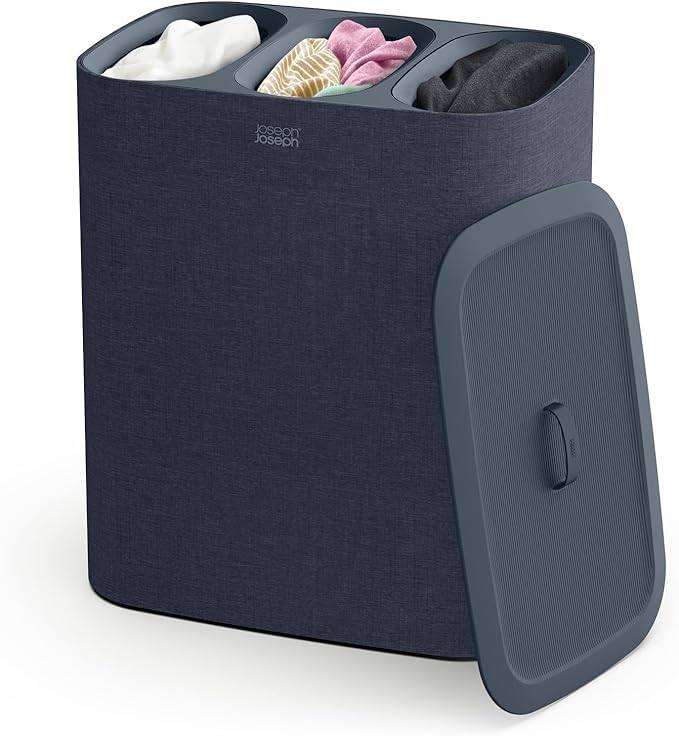 Joseph Joseph Tota Trio 90 liter/23.8 gallon Laundry Hamper Separation Basket with lid, 3 Removable Washing Bags with Handles- Black