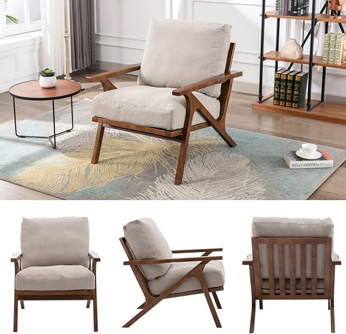 HNY Mid Century Chair, Faux Leather Upholstered Accent Armchair with Wood Frame and Canvas Cushions, Leisure Reading Chair Slipper Chair for Living Room, Bedroom, Beige