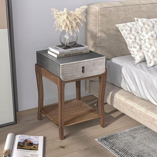 COSIEST Rustic Nightstand, 2-Tier Farmhouse Bedside Table, Wood Accent End Table with Storage Drawer and Open Display Shelf for Bedroom Nursery Living Room (Black & Silver)