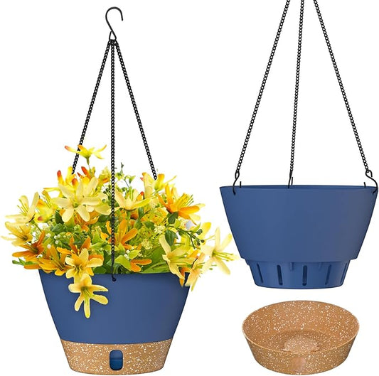 ZMTECH 2 Pack 10 Inch Hanging Planters for Outdoor Plants, Hanging Pots for Plants Indoor with Visible Water Level, Hanging Flower Basket with Drainage Holes & Removable Tray(Blue)