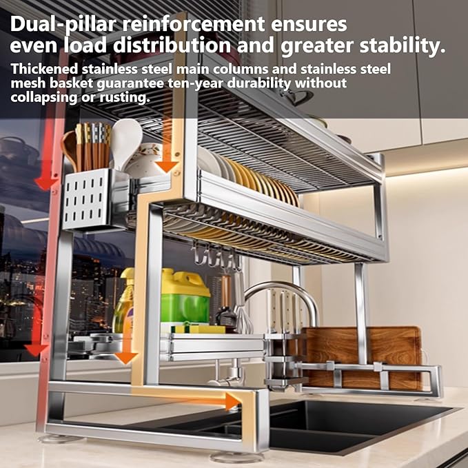 Kitchen Sink Rack Sink Above The Dish Drain Dish Washing Rack Stainless Steel Multifunctional Dish Storage Rack,Over The Sink Drying Rack for Dishes(1,65cm/25.6in)