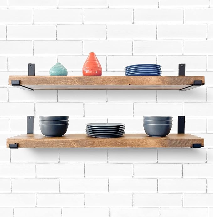 Rustic Shelves with J-Brackets Set of 2, Industrial Shelf, Kitchen Shelves, Solid Wood, Decorative Wall Storage, Heavy Duty, URBANDI (Brown, 36Wx6D)