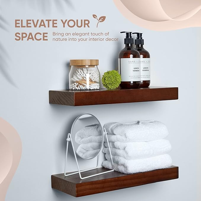Homeforia Walnut 12 inch Floating Shelf, High End Solid Real Wood Small 12inch Floating Shelves for Wall Mounted, Dark Brown 12in Floating Shelves, Heavy Duty Bracket, 12 X 6.5 X 1.75 inches, Set of 2