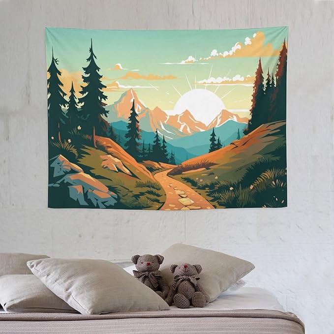 HZOHNAGO Mountain Tapestry Forest Mountain Sunrise Road Pattern Printed Wall Tapestry Wall Hanging for Bedroom Living Room Dorm 40" W x 30" H