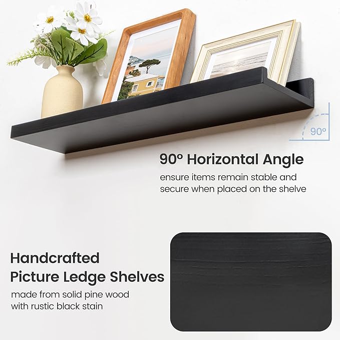 Picture Ledge Shelf for Wall, 36 inch Solid Pine Wood Nursery Book Shelves 2 Packs, Floating Ledge Shelves for Kids' Room Bedroom Bathroom Living Room Photo Frames Office Nursey Wall Decor, Black
