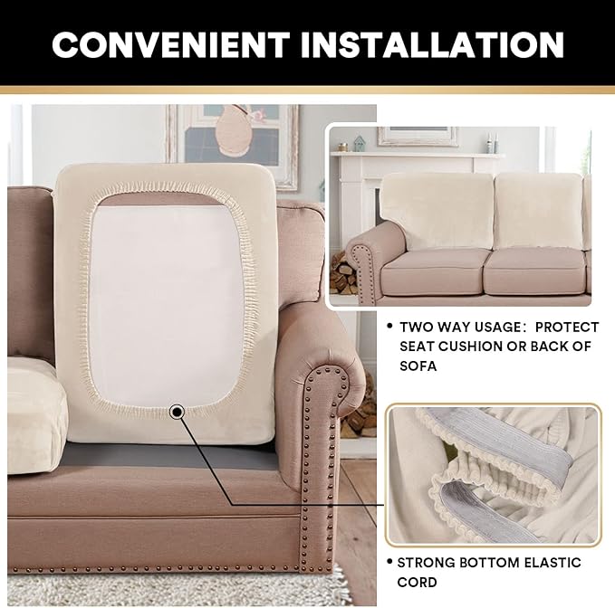 PrinceDeco Velvet Couch Cushion Cover Stretch Sofa Seat Covers Washable Cushion Slipcover for Chair Love Seat Sofa Cushion Furniture Protector Seat Cushion Sofa Cover (Each Width Up to 29.5", Ivory)
