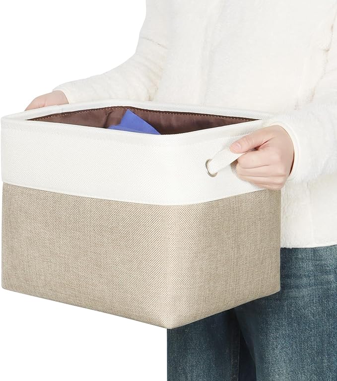 Kntiwiwo Foldable Storage Bin Collapsible Basket 12" x 10" x 9.5" Cube Storage Organizer Bins with Dual Carry Handles for Home Closet Shelves Drawers Organizer, Set of 3, Beige