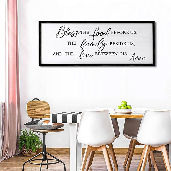 Bless the Food Before Us, the Family Beside Us, and the Love between us Framed Wall Art for Christian God Jesus Christ Prayer, 32''×12'' Positive Holy Religious Rustic Bible Verse for Dining Room