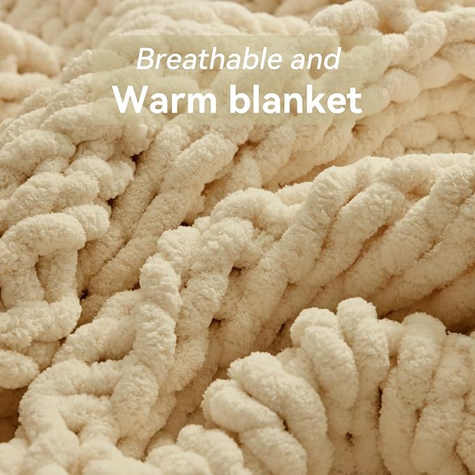 Chunky Knit Throw Blanket, 40''*50'' Knitted Throw Chenille Yarn for Bed Couch, Handmade Oatmeal Crochet Big Thick Blanket, Machine Washable Cute Comfy Blanket for Home Decor