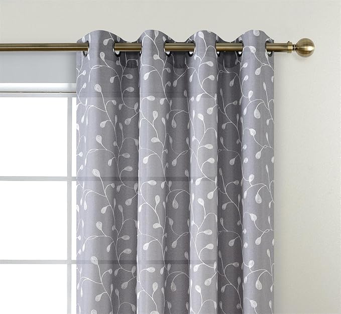MIUCO Floral Embroidery Semi Sheer Curtains Faux Linen Grommet Curtains for Bedroom 52 x 63 Inch 2 Panels, Grey