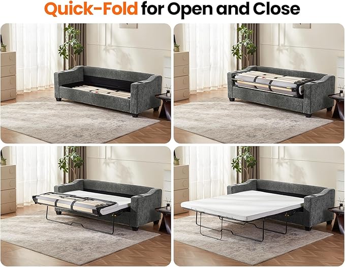 Pull Out Sofa Bed, Full Size Sleeper Sofa, 2-in-1 Convertible Corduroy Couch with USB Charging, Memory Form Couch for Living Room, Apartment and Small Space (Dark Grey, Chenille - Queen Size)