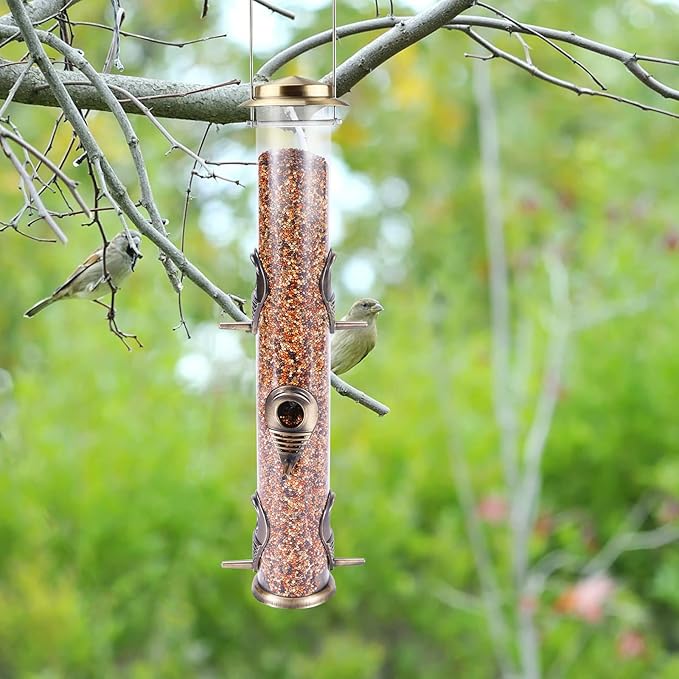MIXXIDEA 2PK Metal Wild Bird Feeder Squirrel Proof Bird Feeders for Outside Hanging 6 Port Tube Bird Feeder Transparent Finch Feeder with Steel Hanger (Bronze)