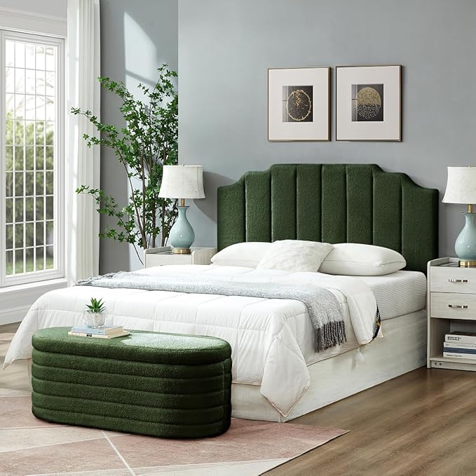 24KF Dark Green Teddy Fabric Tufted for Queen Upholstered Headboard, Modern Vertical Channel Design Full Headboard with Stepped Silhouette Top Edge, 6026-Q-Teddy Dark Green