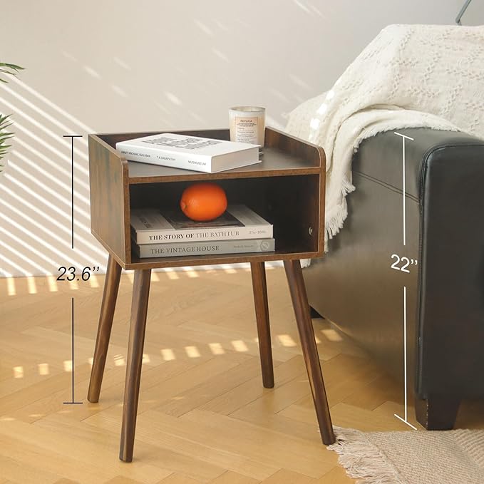 MaxSmeo Night Stand Set 2, Mid Century Modern Side Table Bedroom with Storage, Small End Bedside Table Set of 2 with Solid Wood Legs for Living Room, Office Small Spaces (Rustic Brown)