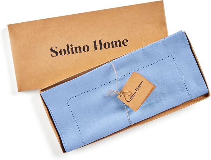 Solino Home Linen Cornflower Blue Table Runner 120 Inches Long - 100% Pure Linen Hemstitch 14 x 120 Inch Table Runner for Dining - Classic Hemstitch