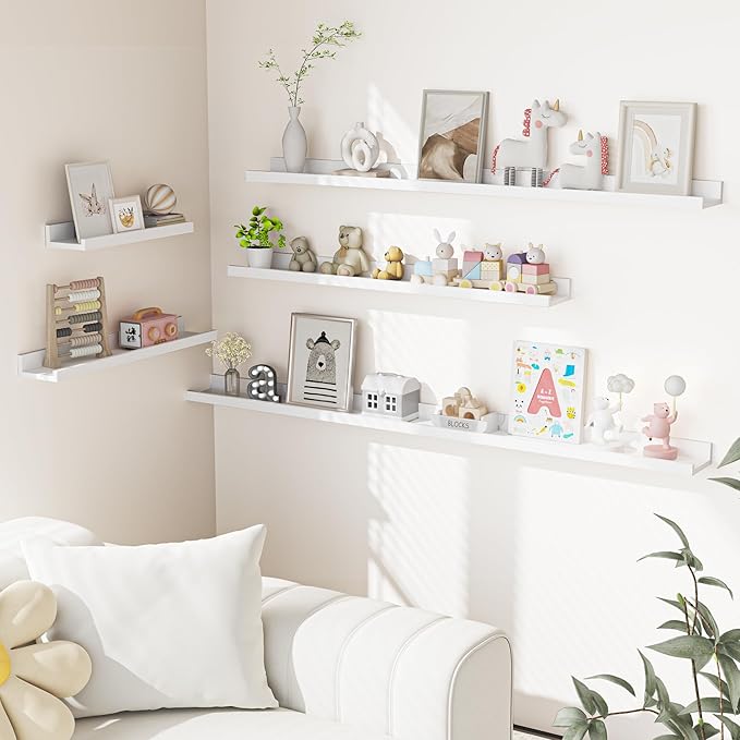 Heimlove Picture Ledge Shelf, Floating Shelves Set of 2, 16 Inches Picture Shelf for Wall with Ledge, Kids Bookshelf Wall Mounted for Living Room Bedroom Decor Books Photo Frames - White