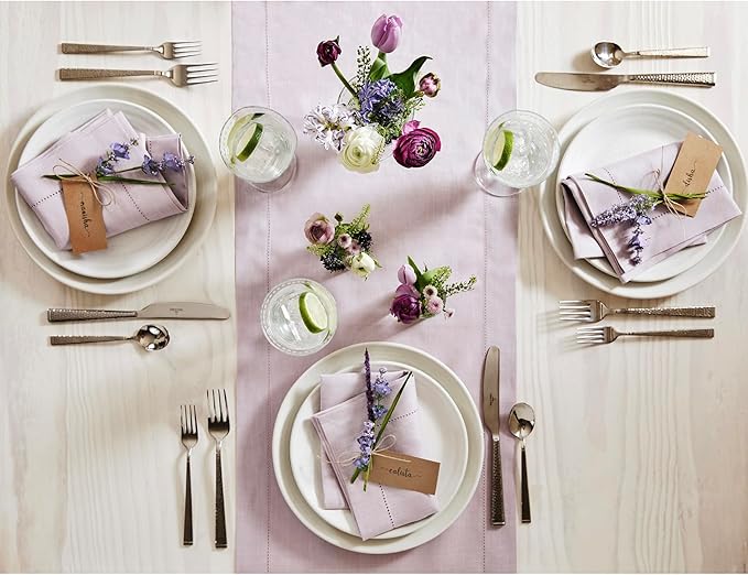 Solino Home Linen Lilac Table Runner 90 Inches Long - 100% Pure Linen Hemstitch 14 x 90 Inch Table Runner for Dining - Classic Hemstitch