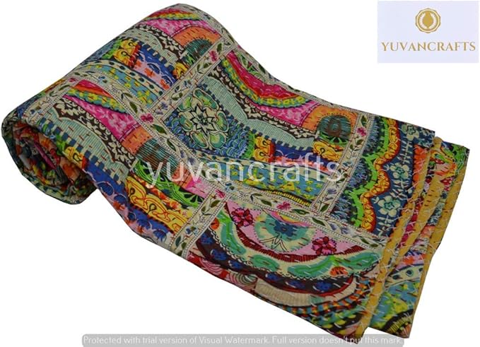 YUVANCRAFTS Patchwork Cotton Kantha Quilt - Indian Traditional Handmade Bedding Vintage Multi Color Quilt Blanket (Queen (90"x108"), Multi Patch 1)