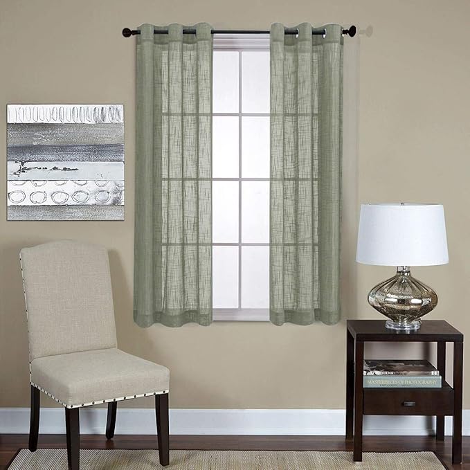 MIUCO Semi Sheer Curtains Poly Linen Textured Solid Grommet Curtains 63 Inches Long for Kitchen 2 Panels (2 x 37 Wide x 63" Long) Sage