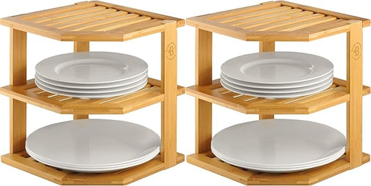 2-Pack Plate Organizer for Cabinet - Bamboo Corner Shelf for Kitchen or Bathroom Storage, Space-Saving Rack for Dishes, Countertop, Cabinet, Pantry - Organization & Housewarming Gift