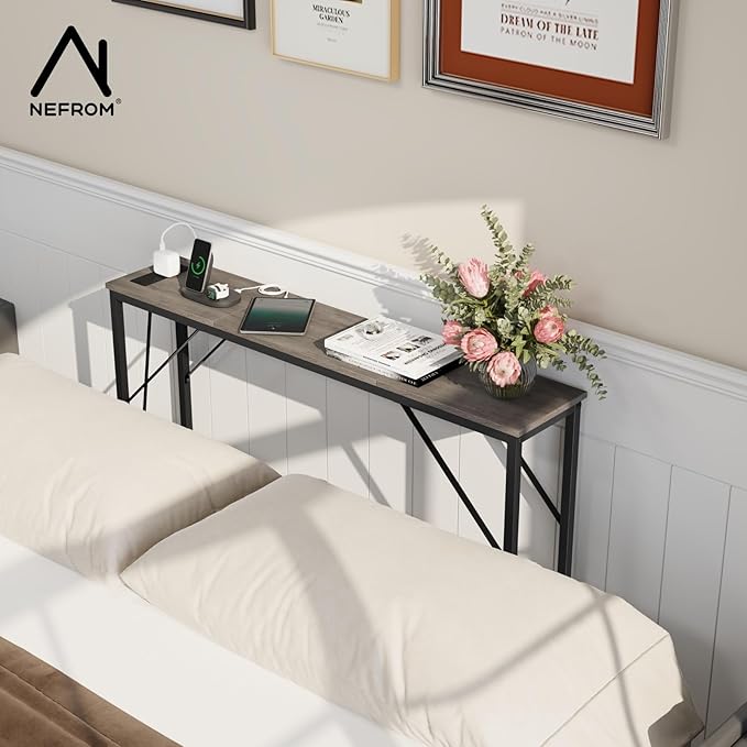 47.2'' Console Table, Skinny Entryway Table with Fast-Charging Station, Narrow Long Sofa Table, Behind Slim Couch Table for Entrance, Hallway, Living Room Decor ST-GY120-1