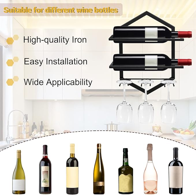 Wall Mounted Wine Stemware Rack, Metal Hanging Wine Glass Display Holde Holds 3 Cups 2 Bottles, Elegant Storage for Kitchen Dining Room Bar Wine Cellar (Black 1)