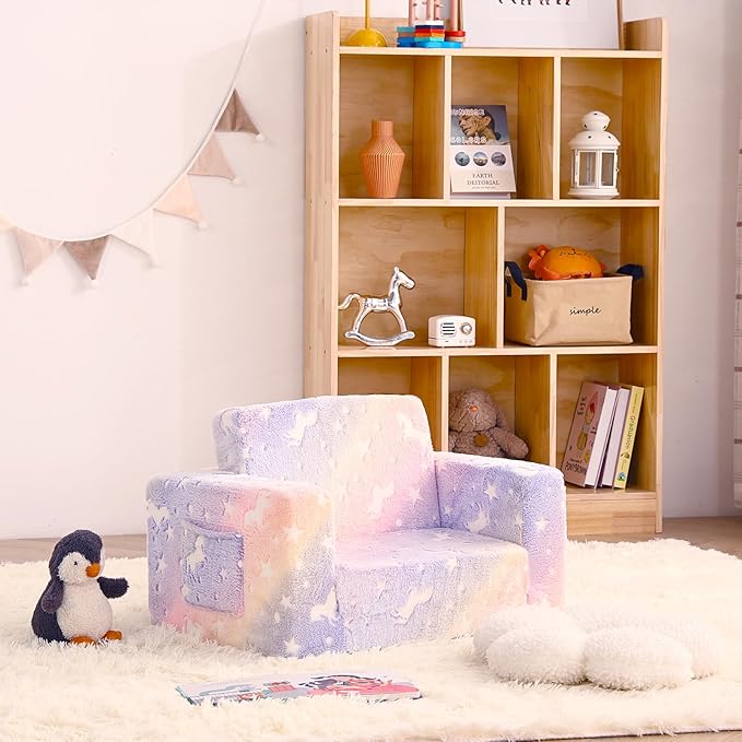 Toddler Chair Kids Couch, 2-in-1 Toddler Soft Sherpa Couch Fold Out Armchair with Removable Cover, Convertible Reading Chair Toddler Sofa for Kids, Glow in The Dark Purple Horse