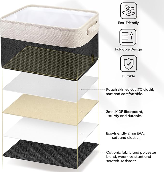 BALEINE 3 Pack Fabric Storage Bins for Shelves, Linen Storage Baskets for Organizing, Decorative Closet Bins for Clothes, Home (Black, 12"x8"x8")