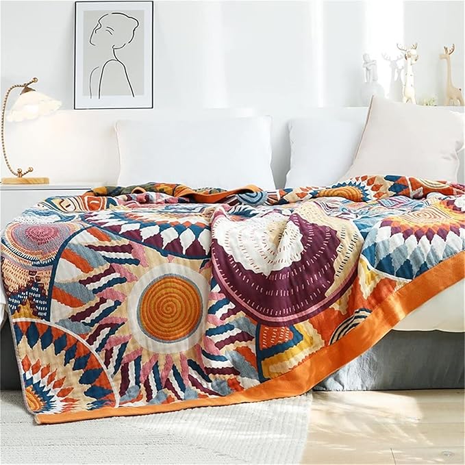 Cotton Throw Blanket for Couch 100% Cotton Blankets for Bed, 90''x 98'' Cotton Quilted Blanket King Size Muslin Mexican Blanket Cozy Soft for Women