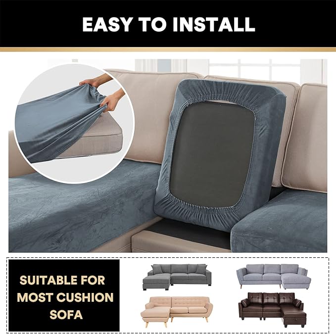 PrinceDeco Sectional Couch Covers 3 Pieces Velvet Sofa Covers L Shape Soft Couch Covers for Sectional Sofa Corner Sofa Cover Couch Cover for Dogs Washable (2 Seater + 1 Chaise,Stone Blue)