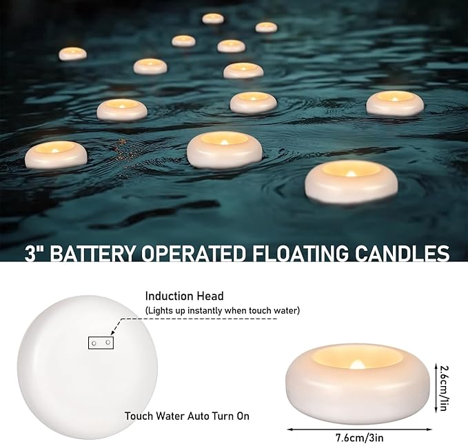 24 Pack 3”Floating Candles Water-Activated Flameless LED Candle, 120 Hour White Battery Operate Waterproof Tealights for Cylinder Vases, Centerpieces at Wedding, Party, Pool,Romantic.