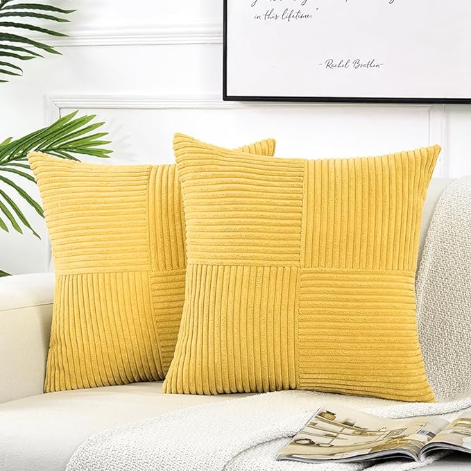 Fancy Homi 2 Packs Yellow Big Decorative Throw Pillow Covers 24x24 Inch for Couch Bed Sofa, Rustic Farmhouse Boho Home Decor, Soft Corss Corduroy Patchwork Accent Square Cushion Case 60x60 cm