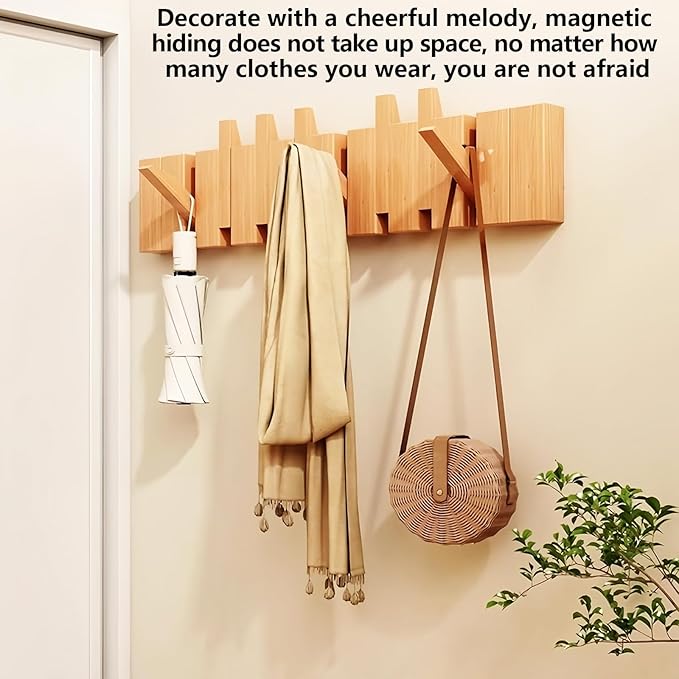 Wall Mounted Piano Key Hanger | Flip Style Hook | Entrance Wall Art Hook, Made of Oak Wood (3 Times Painted, 4 Times Polished) (Beech, 8Hooks)