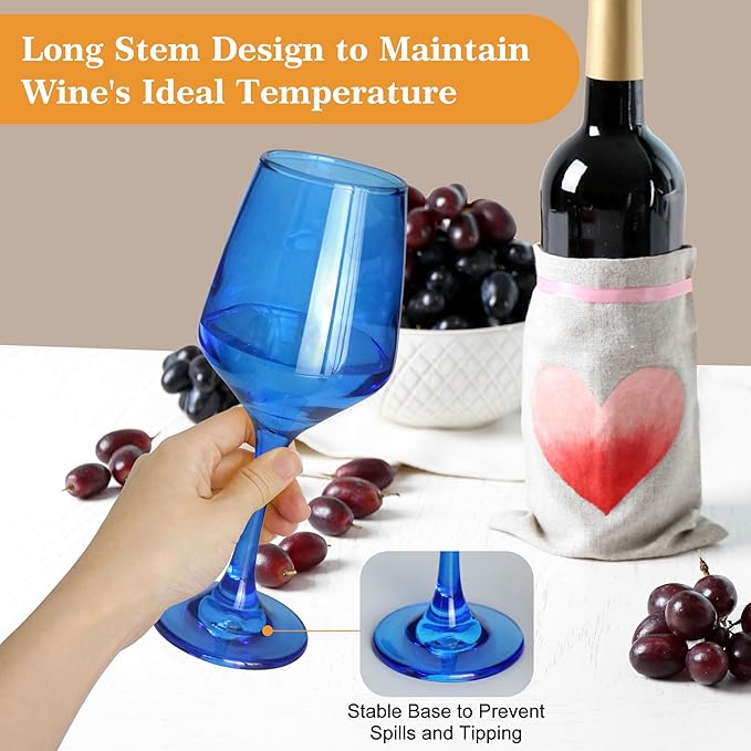 Blue Wine Glasses Set of 6-12oz Blue Long Stem Wine Glass Cups, Pretty Crystal Glassware, Hand Blown Goblets Drinkware, Unique Drinking Stemware Holiday Gift Set