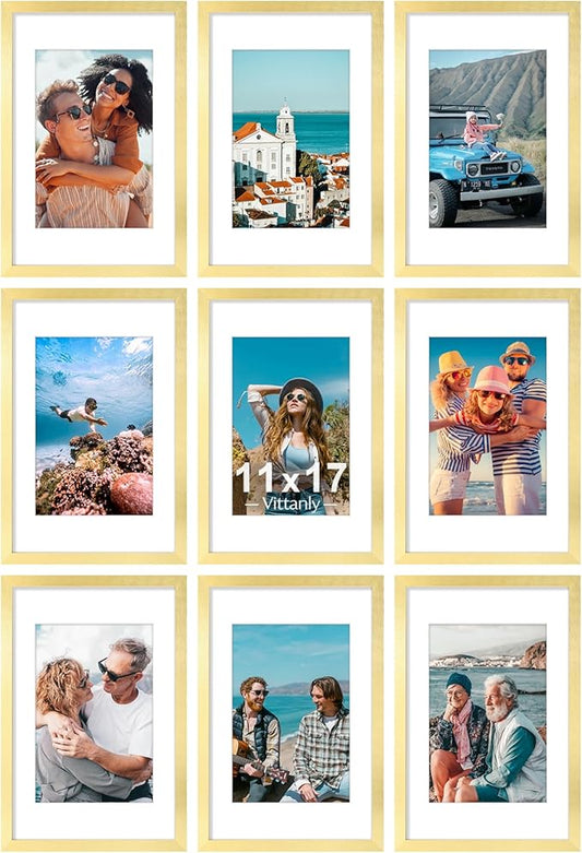 Vittanly 11x17 Picture Frames Set of 9, Shatter Resistant Plexiglass, Display 8x12 Pictures with Mat or 11x17 without Mat, Photo Frames for Wall Mount, Engineered Wood, Gold