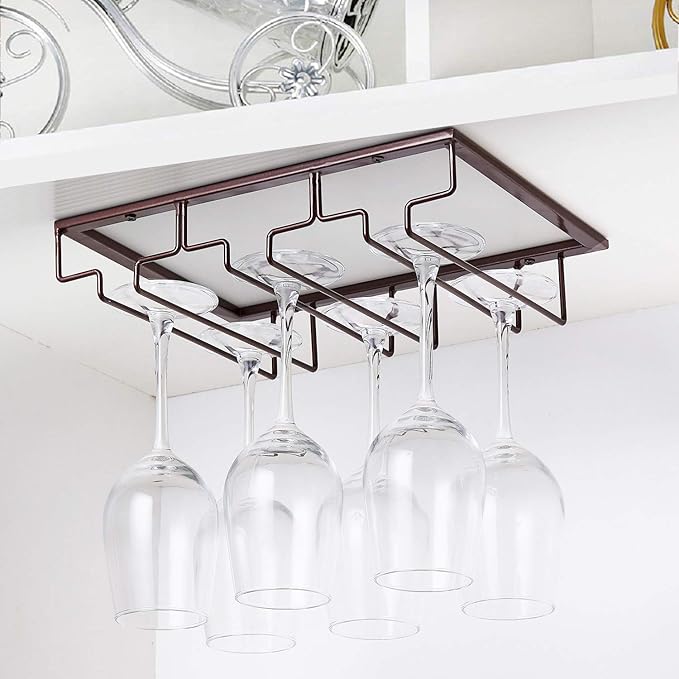 Wine Glass Rack - Under Cabinet Stemware Wine Glass Holder Glasses Storage Hanger 2 Pack Metal Organizer for Bar Kitchen Brown