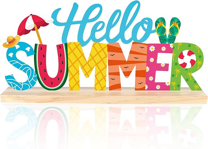 COCHIE Metal Hello Summer Sign, Summer Decorations for Home, Office, Shelf, Mantel, Indoor, Beach Slippers Tabletop Centerpiece Decoration, Watermelon Red Decor (Beach)