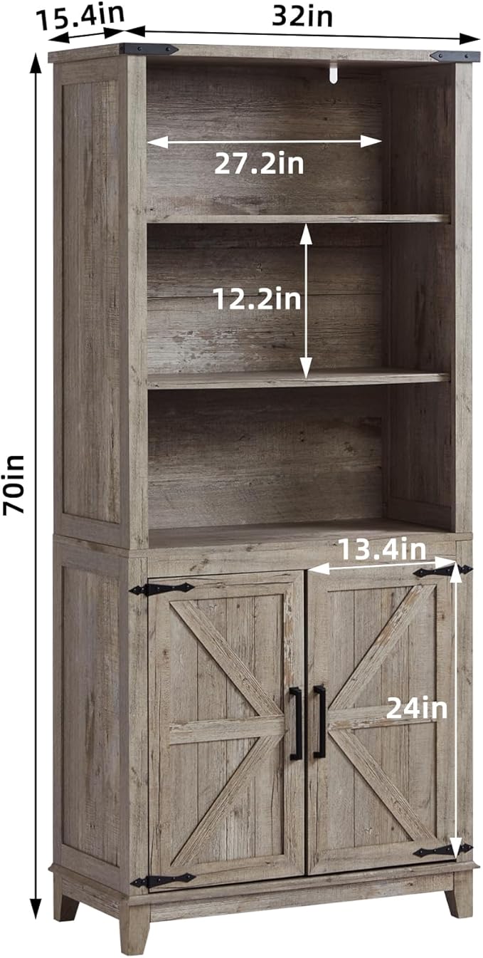 70in Tall Bookshelf 5 Tier Bookcase with Barn Doors and Adjustable Shelves, Grey Farmhouse Book Shelf with Storage Cabinet, Wood Freestanding Display Bookshelves for Bedroom, Kitchen (2PCS)