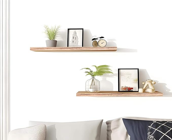 Wood Floating Shelves for Wall Decor, Rustic Wall Shelves for Bedroom Bathroom Kitchen Living Room, Set of 4 Light Walnut 24 Inch