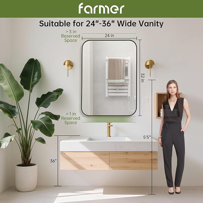 FARMER 24x32 Inch Black Bathroom Mirror, Rectangle Vanity Mirror, Brushed Mirrors for Wall, Metal Frame Hanging Mirror with Round Corner for Bedrooms, Entryways, Living Rooms, Horizontal/Vertical